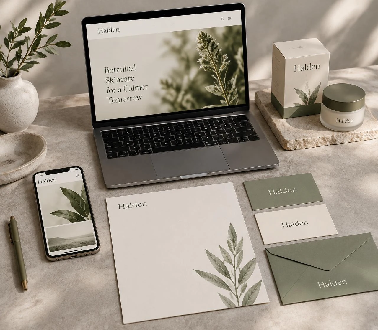 Halden fictional skincare packaging and stationery mockup concept