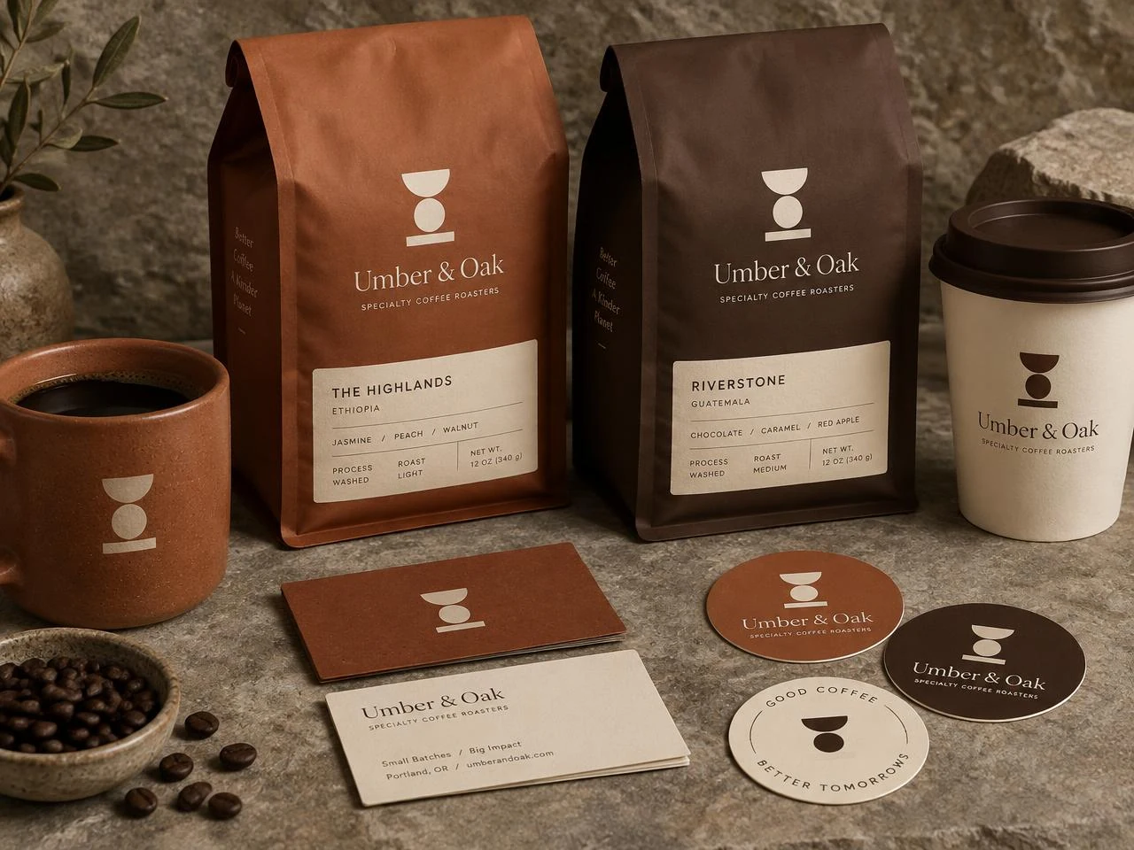 Umber & Oak fictional brand identity concept with logo and stationery