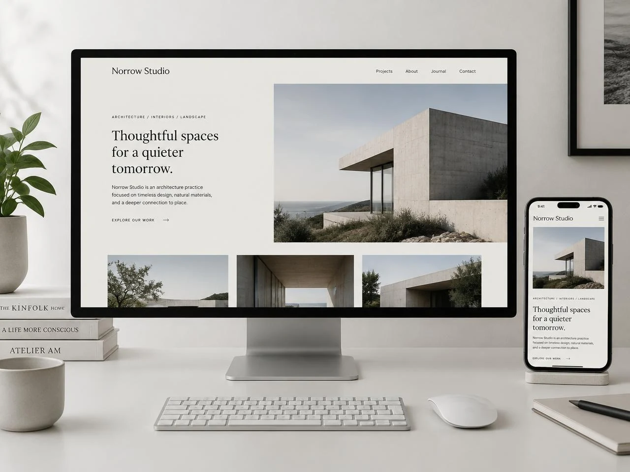 Norrow Studio fictional website concept shown on desktop and mobile
